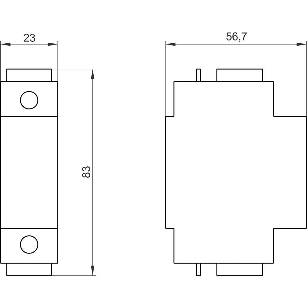 Zeichnung eines rechteckigen elektrischen Geräts mit den Abmessungen: Höhe 83 mm, Breite 23 mm, Tiefe 56,7 mm.