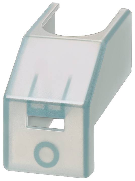 Transparente Kunststoffabdeckung mit rechteckiger Öffnung und Kreismarkierung auf der Vorderseite, perspektivisch dargestellt.