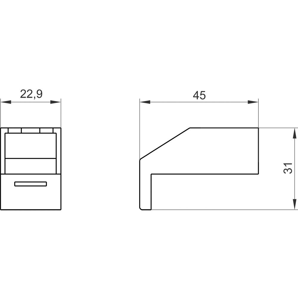 Technische Zeichnung eines Steckverbinders mit den Maßen: Breite 22,9 mm, Tiefe 45 mm und Höhe 31 mm. Zeigt Profil und Frontansicht.