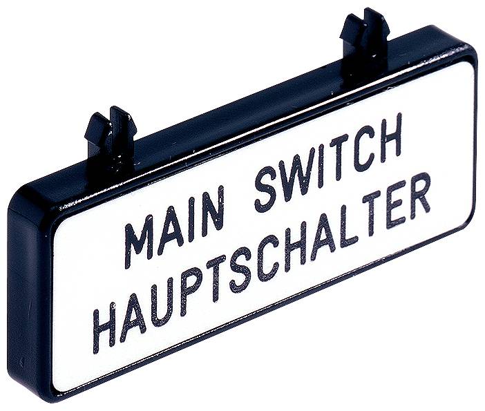Ein rechteckiges Schild mit der Aufschrift 'MAIN SWITCH HAUPTSCHALTER', vermutlich zur Kennzeichnung eines Hauptschalters.