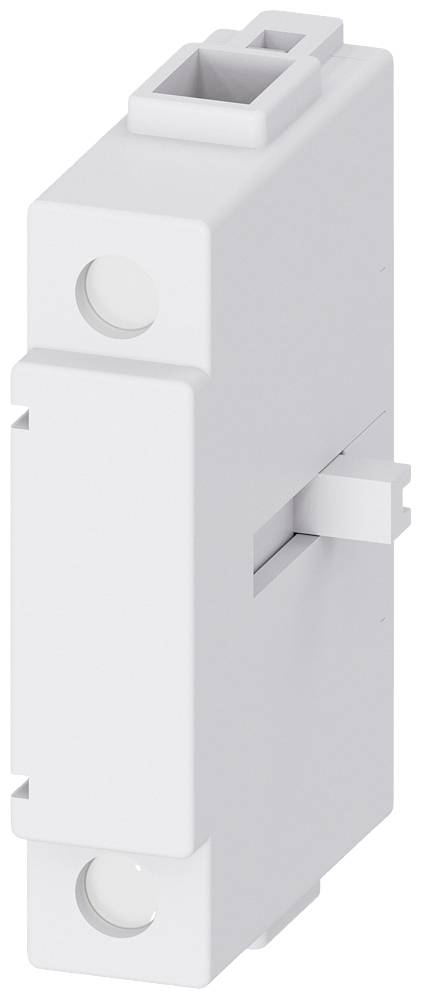 Ein weißes, rechteckiges elektrisches Bauteil mit Öffnungen oben und an den Seiten, wahrscheinlich zur Montage in einer Verteilerleiste.