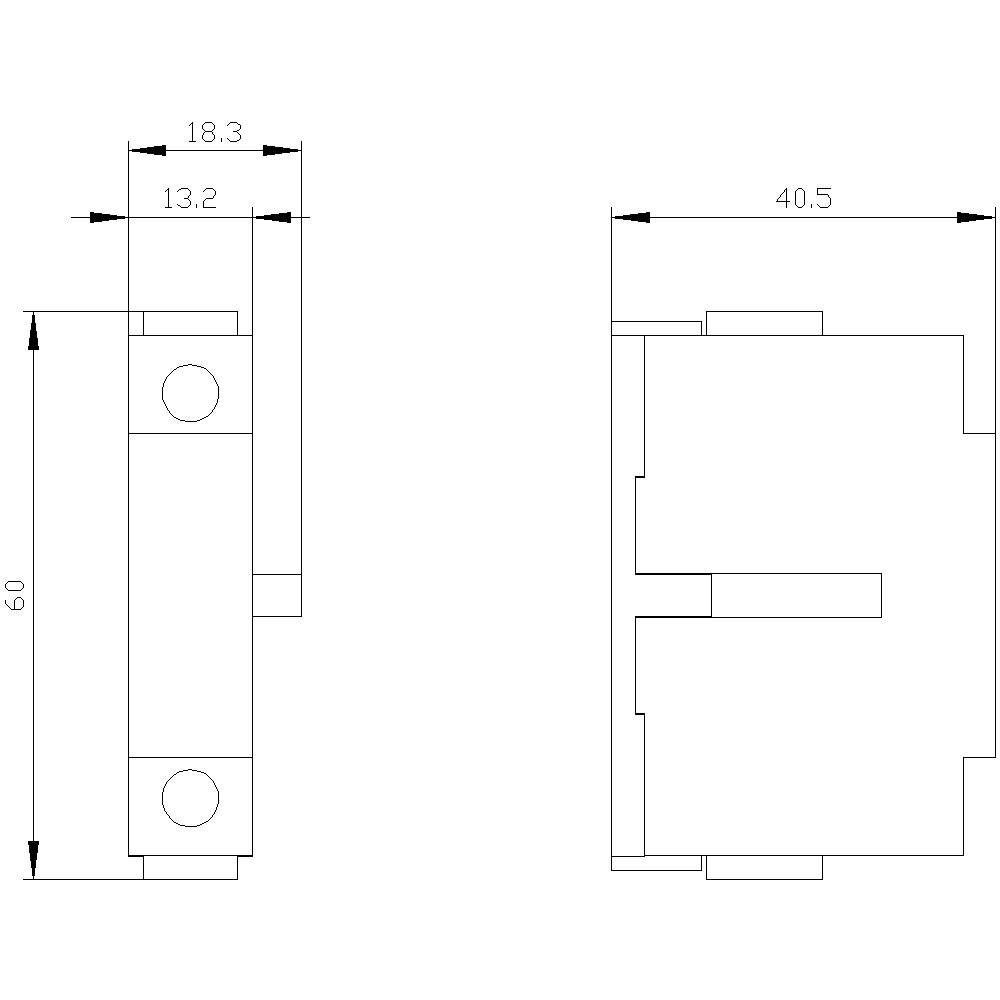 Technische Zeichnung eines rechteckigen Bauteils mit Maßen: Höhe 60 mm, Breite 40,5 mm, Tiefe 18,3 mm. Front- und Seitenansicht gezeigt.
