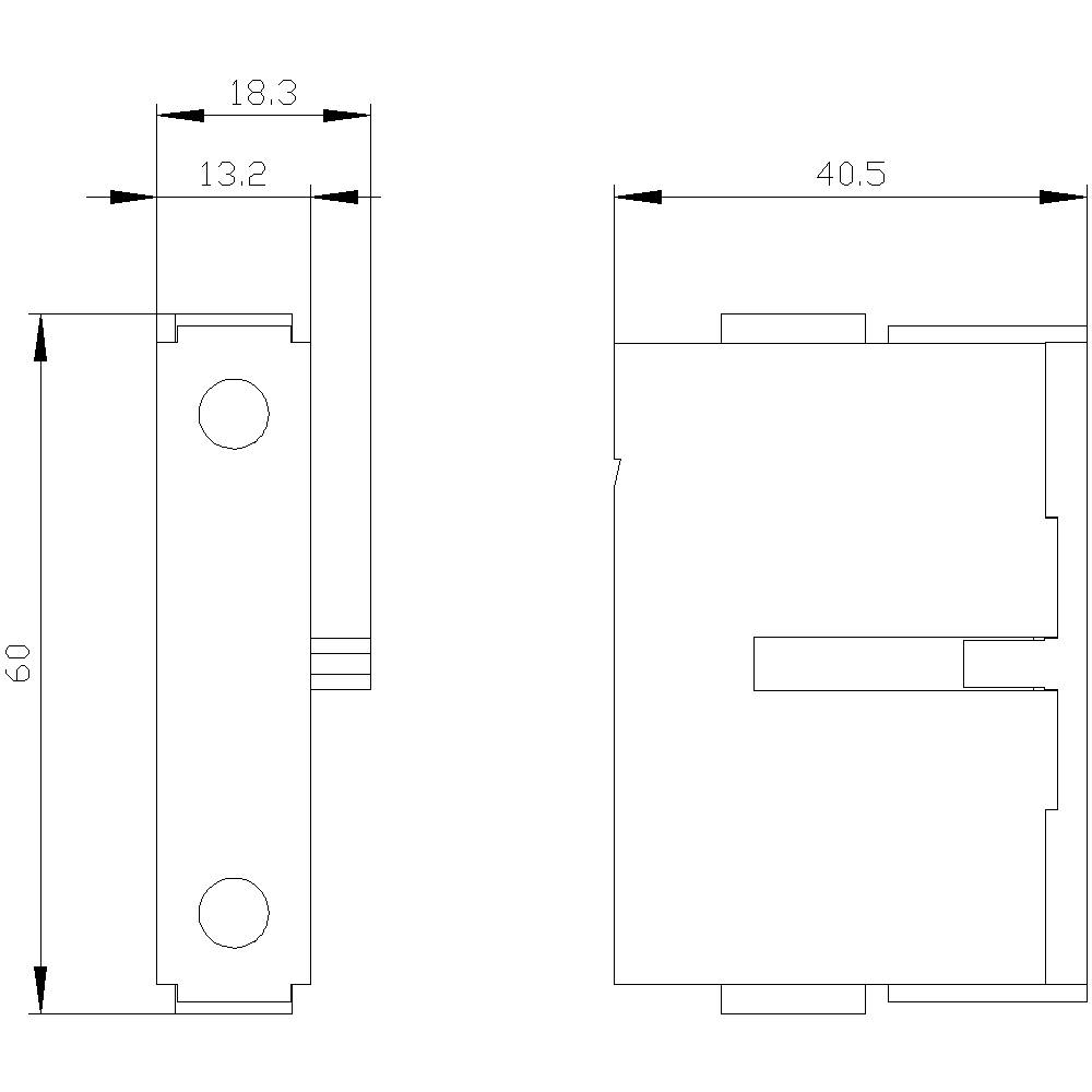 Zeichnung eines technischen Bauteils mit Maßen: Höhe 60, Breite 40,5, vertikal 13,2 und 18,3. Front- und Seitenansicht.