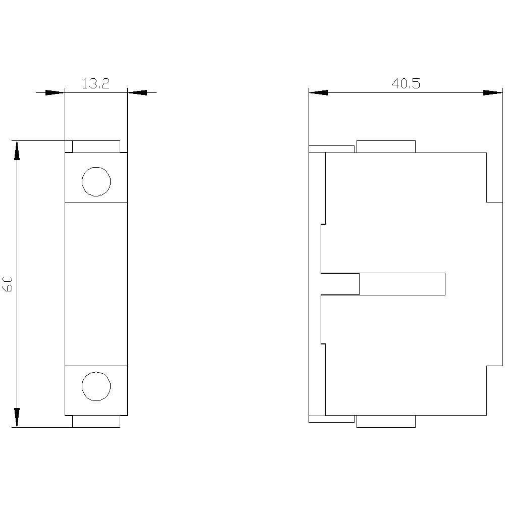 Technische Zeichnung eines rechteckigen Bauteils mit Front- und Seitenansicht, Bemaßungen: Höhe 60 mm, Breite 40,5 mm, Tiefe 13,2 mm.