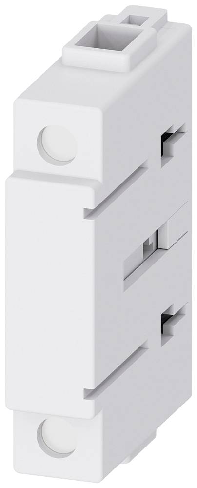 Ein weißer elektrischer Adapter mit rechteckiger Form und zwei Löchern, geeignet zur Montage in einer Schaltanlage.