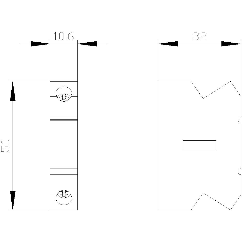 Technische Zeichnung eines rechteckigen Bauteils mit Maßen: 50 mm hoch, 10,6 mm breit, Löcher zur Befestigung, Einsparung rechts.