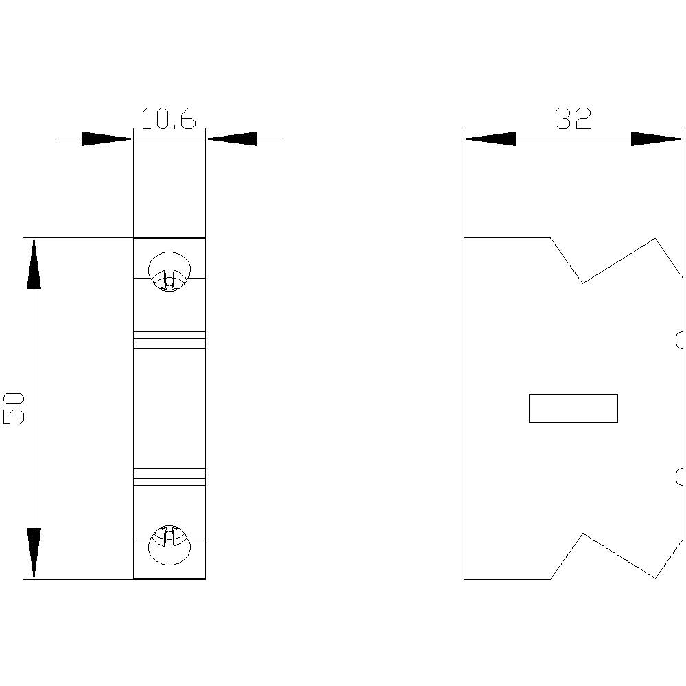 Technische Zeichnung: Rechteckiges Bauteil mit Maßen 10,6 x 50 mm links, 32 mm Breite rechts. Schraublöcher und Kerbe sichtbar.