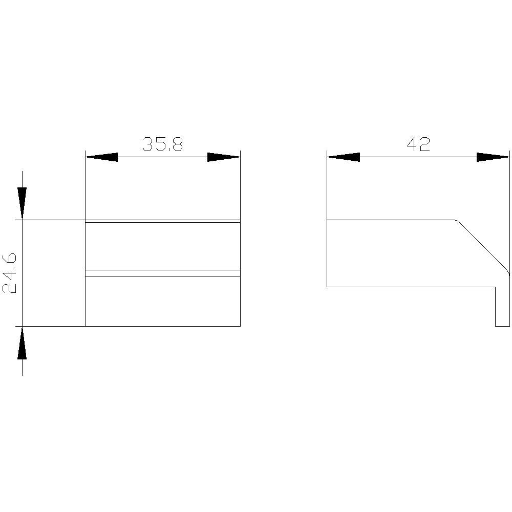 Technische Zeichnung zweier Seitenansichten eines Objekts mit Maßen 35,8x24,6 und 42. Eine Seite zeigt eine Stufe.