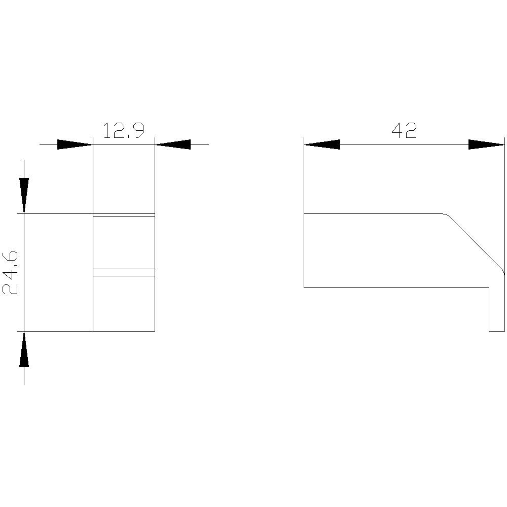 Technische Zeichnung eines Bauteils mit zwei Ansichten. Maße: Höhe 24,6, Breite 12,9 und 42. Zeigt Details und präzise Abmessungen.