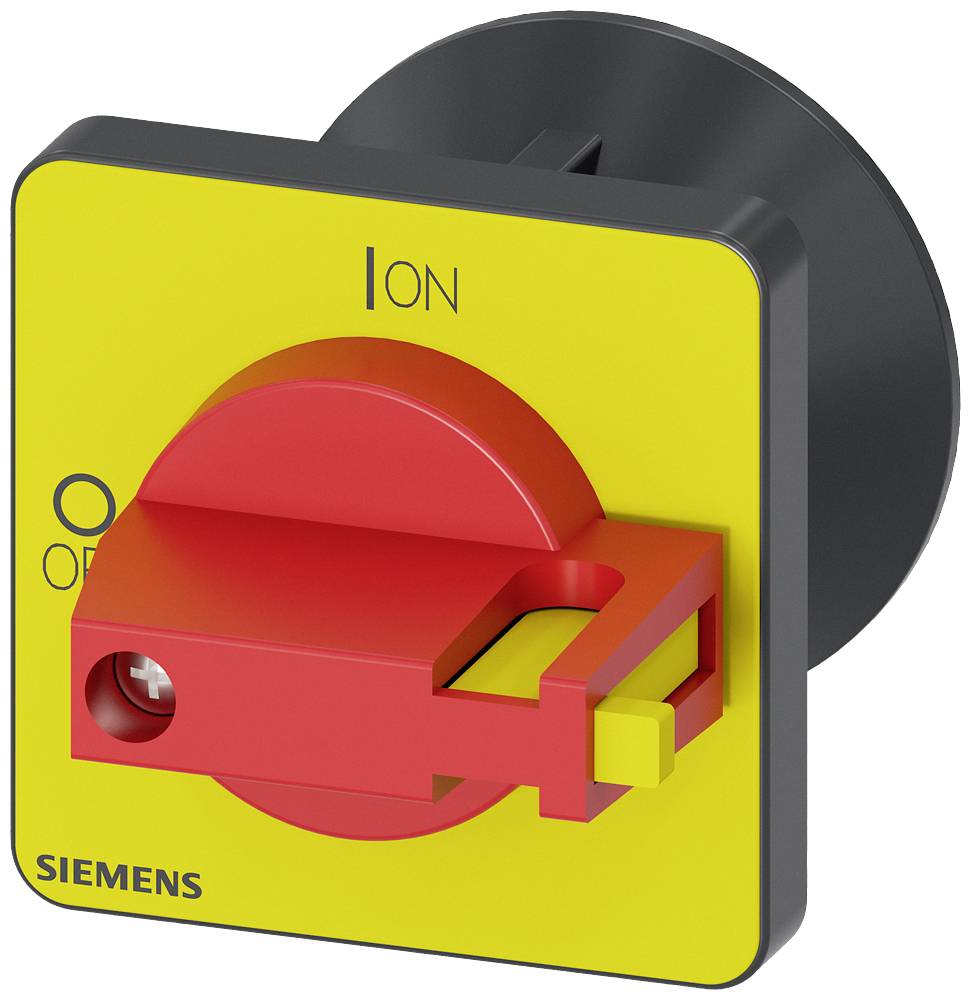 Ein gelber und roter Schalter von Siemens mit der Beschriftung 'ON' und 'OFF'. Der Schalter ist in der Aus-Position.