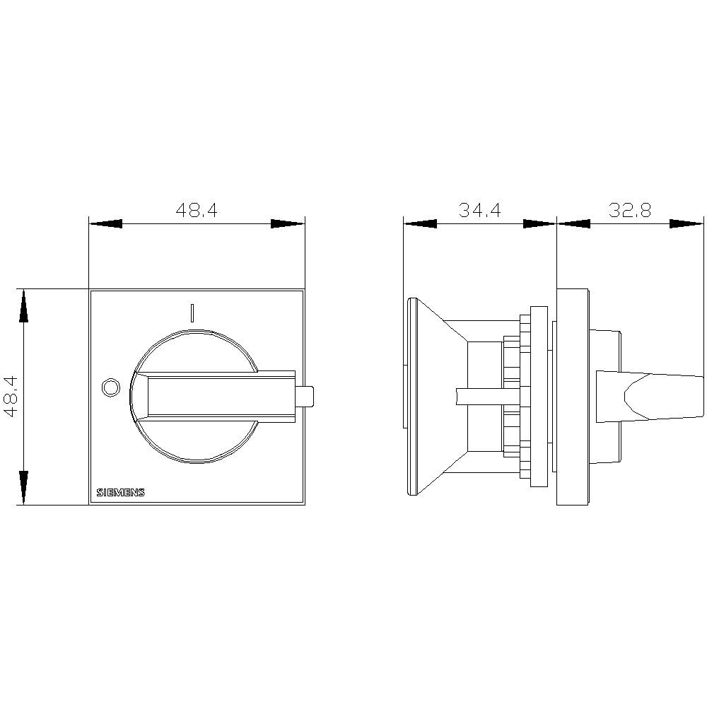 Technische Zeichnung eines Schalters mit zwei Ansichten. Linke Ansicht zeigt Abmessungen 48,4 x 48,4 mm, rechte Seitenansicht zeigt Tiefe 34,4 mm und 32,8 mm.