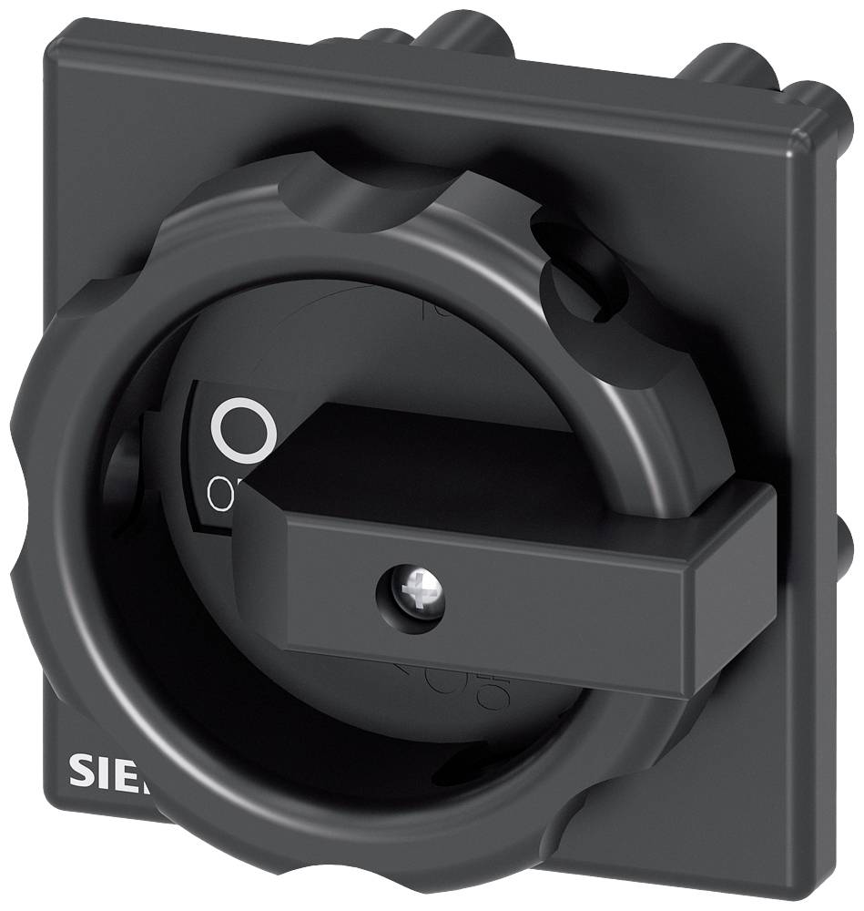 Ein schwarzer, quadratischer Schaltdrehgriff von Siemens für die Steuerung elektrischer Geräte, mit Positionseinstellungen 'I' und 'O'.