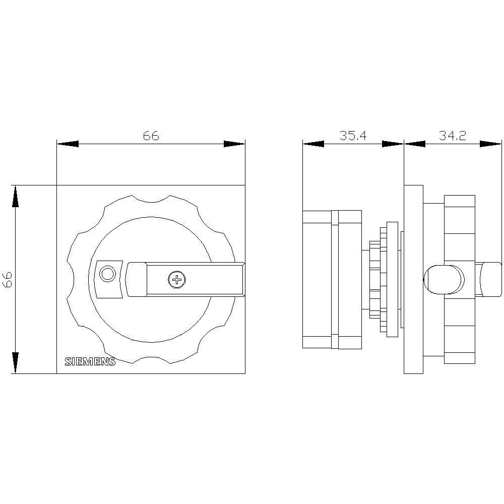 Technische Zeichnung eines Schalters. Zeigt Vorder- und Seitenansicht mit Abmessungen: 66 mm Breite, 66 mm Höhe, 35,4 mm Tiefe.