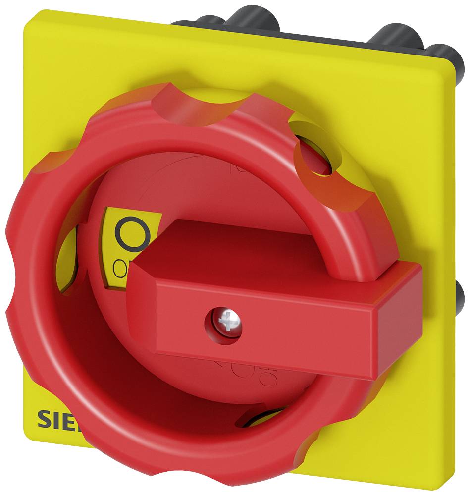 Ein gelber Not-Aus-Schalter mit rotem Drehgriff, der in der 'Aus'-Position steht.