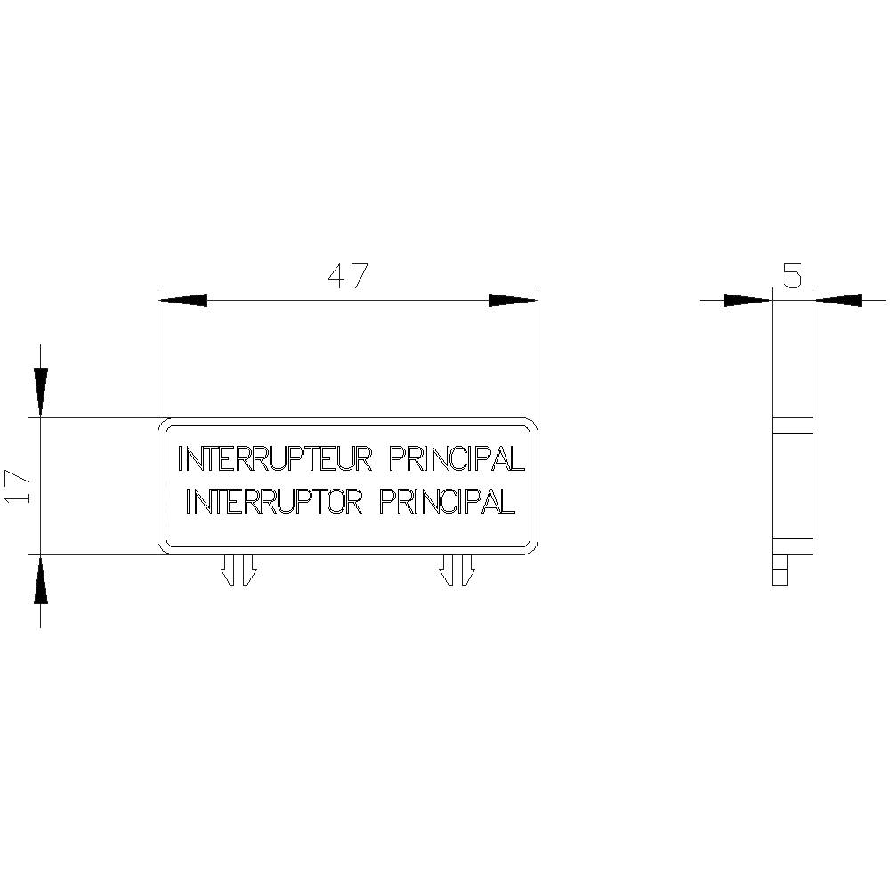Technische Zeichnung eines rechteckigen Schalters mit den Aufschriften 'INTERUPTEUR PRINCIPAL' und 'INTERRUPTOR PRINCIPAL'. Maße: 47x17x5 mm.