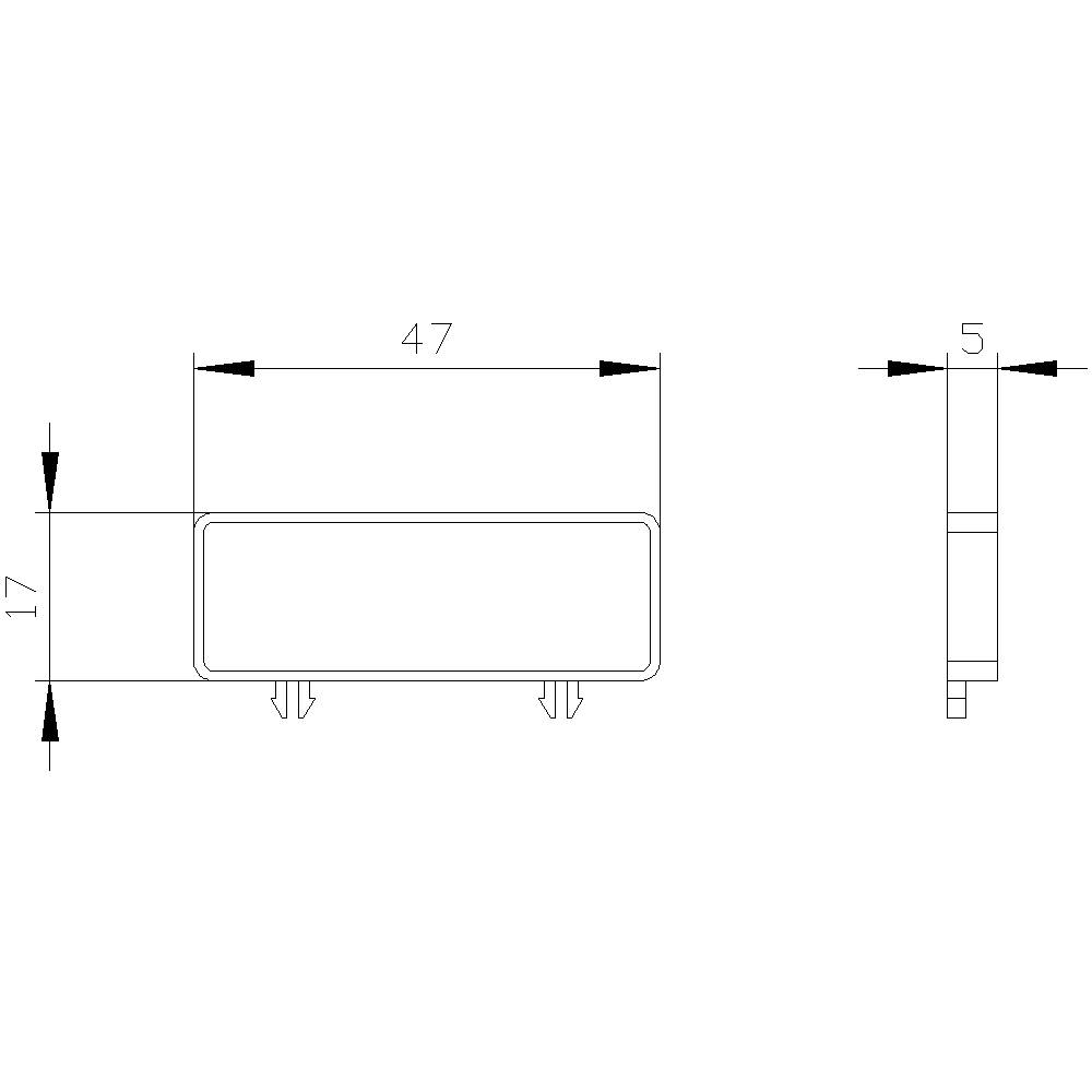 Technische Zeichnung eines rechteckigen Bauteils mit den Maßen 47 x 17 x 5 mm, Seiten- und Vorderansicht mit Markierungen.