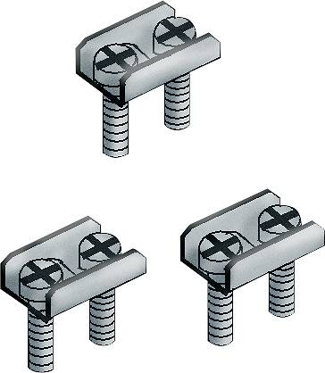 Drei metallische Befestigungselemente mit Kreuzschlitzschrauben und Schraubgewinden, nebeneinander angeordnet.