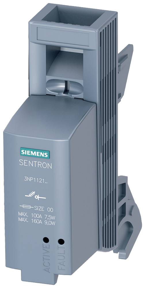 Ein Sicherungsgehäuse von Siemens, Modell 'Sentron 3NP1121', zeigt Angaben zur Größe '00' und Leistungsangaben von bis zu 160A.