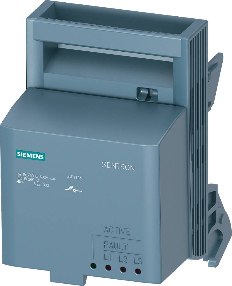 Ein graues elektrisches Gerät mit dem Aufdruck 'Siemens Sentron', zeigt Betriebs- und Fehleranzeigen ('Active', 'Fault', 'L1', 'L2', 'L3').