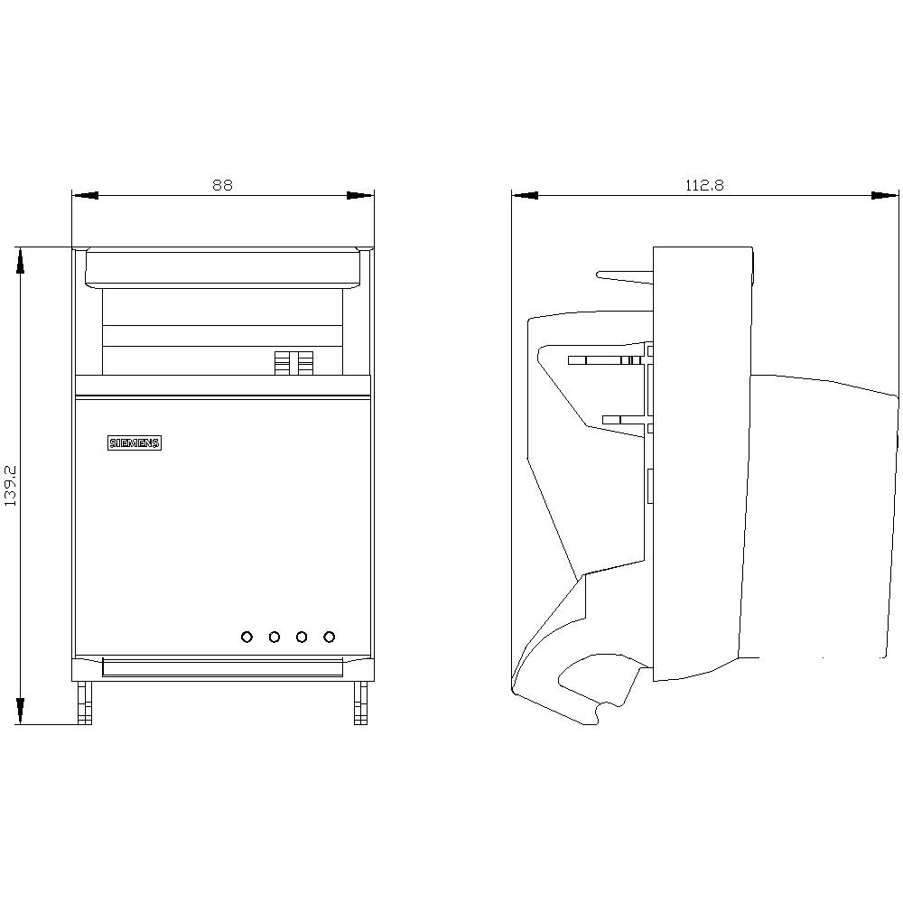 Technische Zeichnung eines Geräts mit Maßen: Breite 88 cm, Höhe 139,2 cm, Tiefe 112,8 cm. Detaillierte Ansicht von vorne und der Seite.
