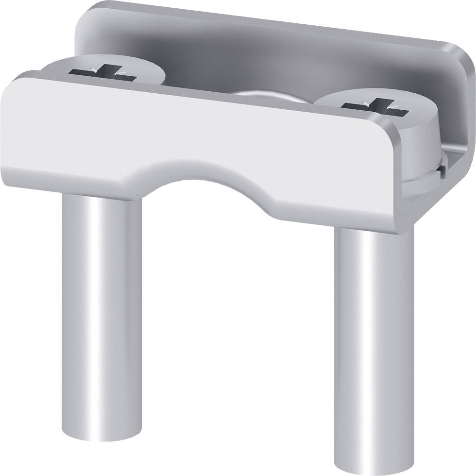 Metallverbindungsstück mit zwei Schrauben an der Oberseite, geeignet zur Befestigung auf zwei runden Stangen oder Rohren.