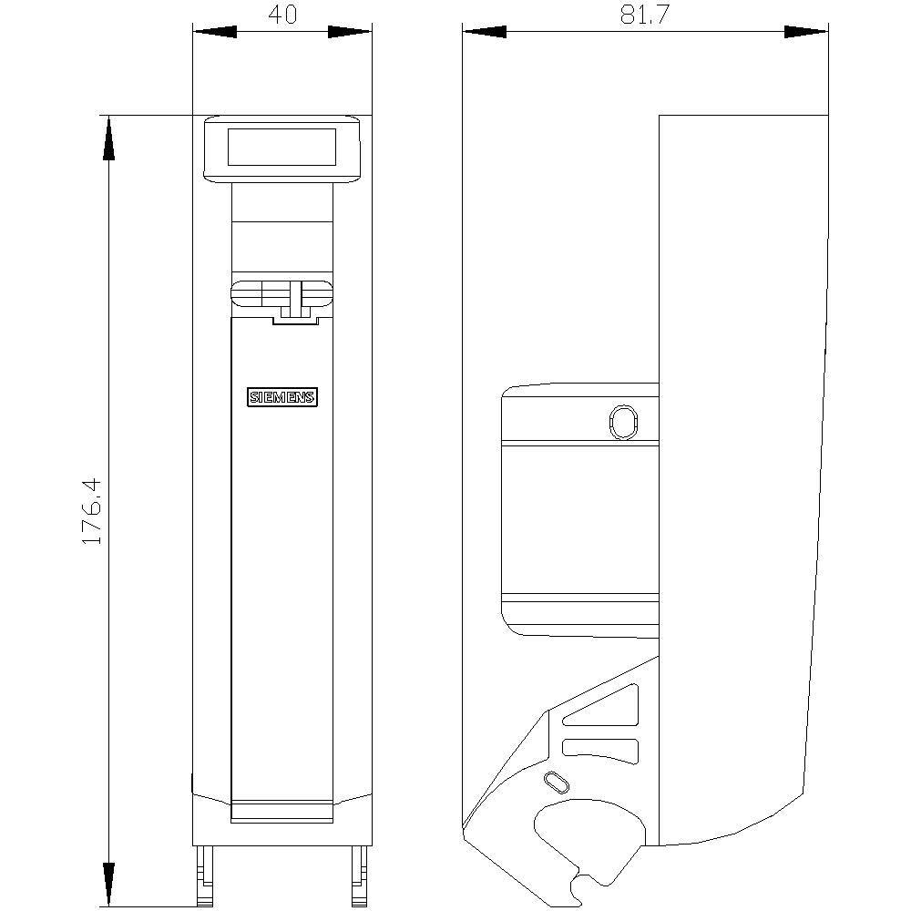 Technische Zeichnung eines Geräts mit Vorder- und Seitenansicht. Maße: Höhe 176,4 cm, Breite 40 cm, Tiefe 81,7 cm.