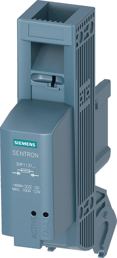 Ein graues elektrisches Bauteil mit der Aufschrift 'SIEMENS SENTRON' und Spezifikationen. Es hat Belüftungsschlitze und einen Sicherungshalter.