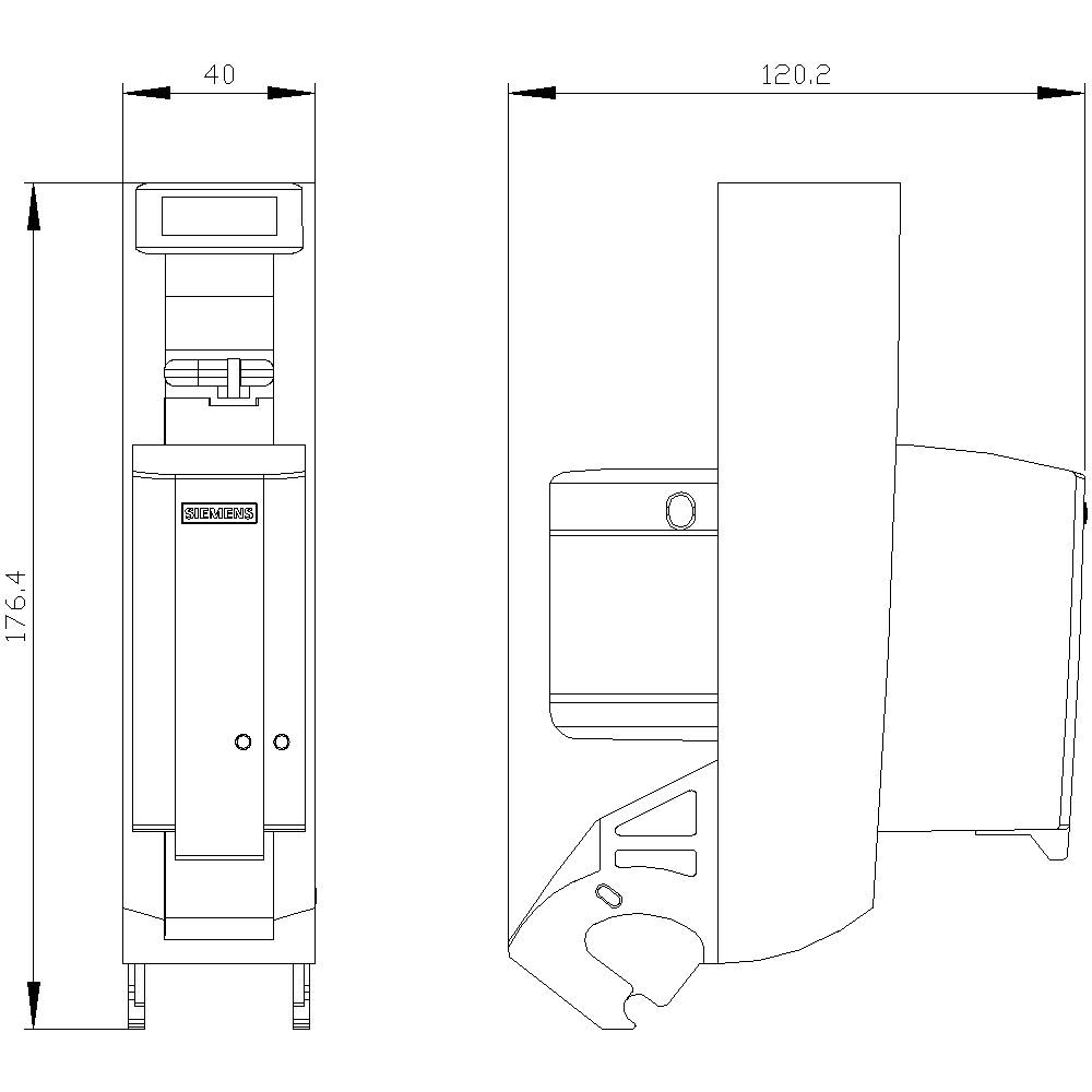 Technische Zeichnung einer Maschine mit Front- und Seitenansicht. Maße: Höhe 176,4 cm, Breite 40 cm, Tiefe 120,2 cm.
