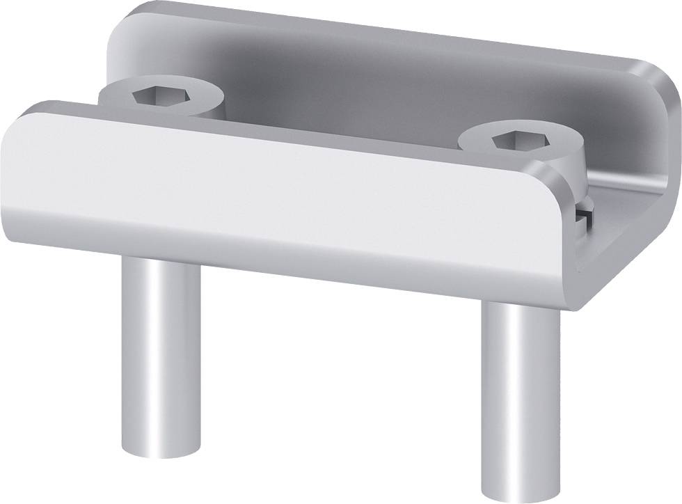 Metallhalterung mit zwei Schraublöchern und zwei vertikalen Stiften, vermutlich zur Befestigung an einer Oberfläche.