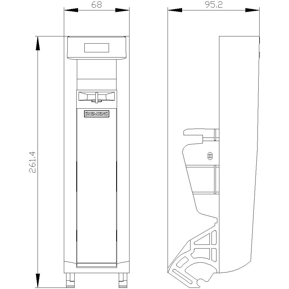 Vorder- und Seitenansicht einer technischen Zeichnung eines Geräts mit Maßen: 68 mm Breite, 261,4 mm Höhe, 95,2 mm Tiefe.