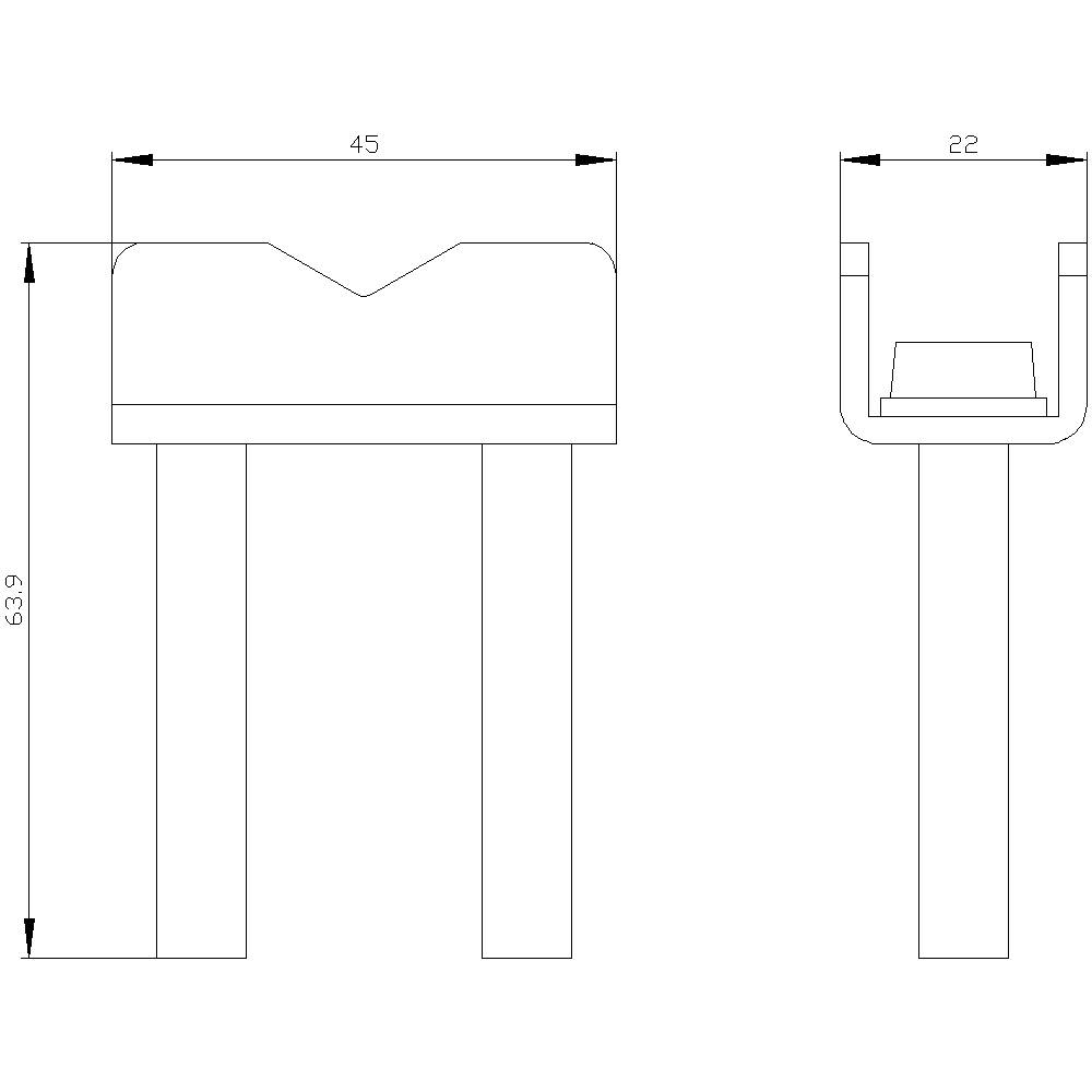 Technische Zeichnung eines Bauteils mit Maßen: Gesamthöhe 63,9 mm, Breite 45 mm, Tiefe 22 mm, mit einer V-förmigen Aussparung.