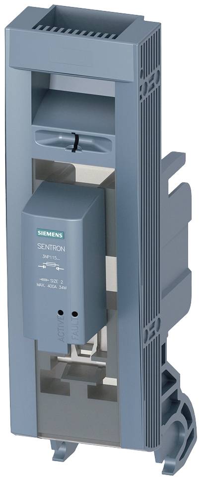 Ein grauer Sicherungsautomat von Siemens, Modell Sentron, mit sichtbaren technischen Details, vertikal ausgerichtet.