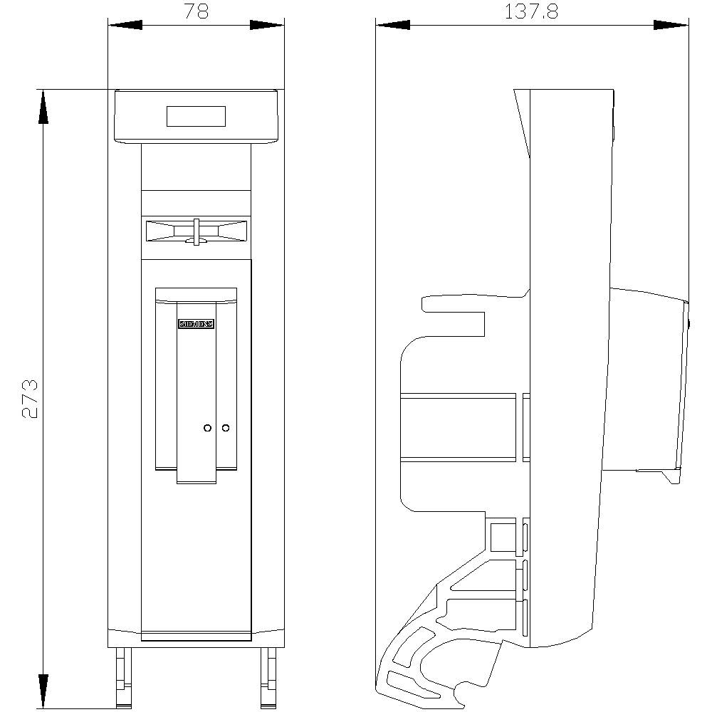 Technische Zeichnung eines elektrischen Leistungsschalters. Zeigt Vorder- und Seitenansicht mit Maßen: Höhe 273 mm, Breite 78 mm, Tiefe 137,8 mm.
