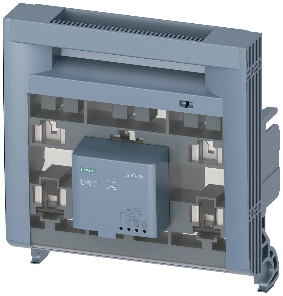 Ein blaues elektrisches Gerät von Siemens mit Aufschrift 'Sentron', zeigt Anschlüsse und Statusanzeigen 'ACTIVE' und 'FAULT'.