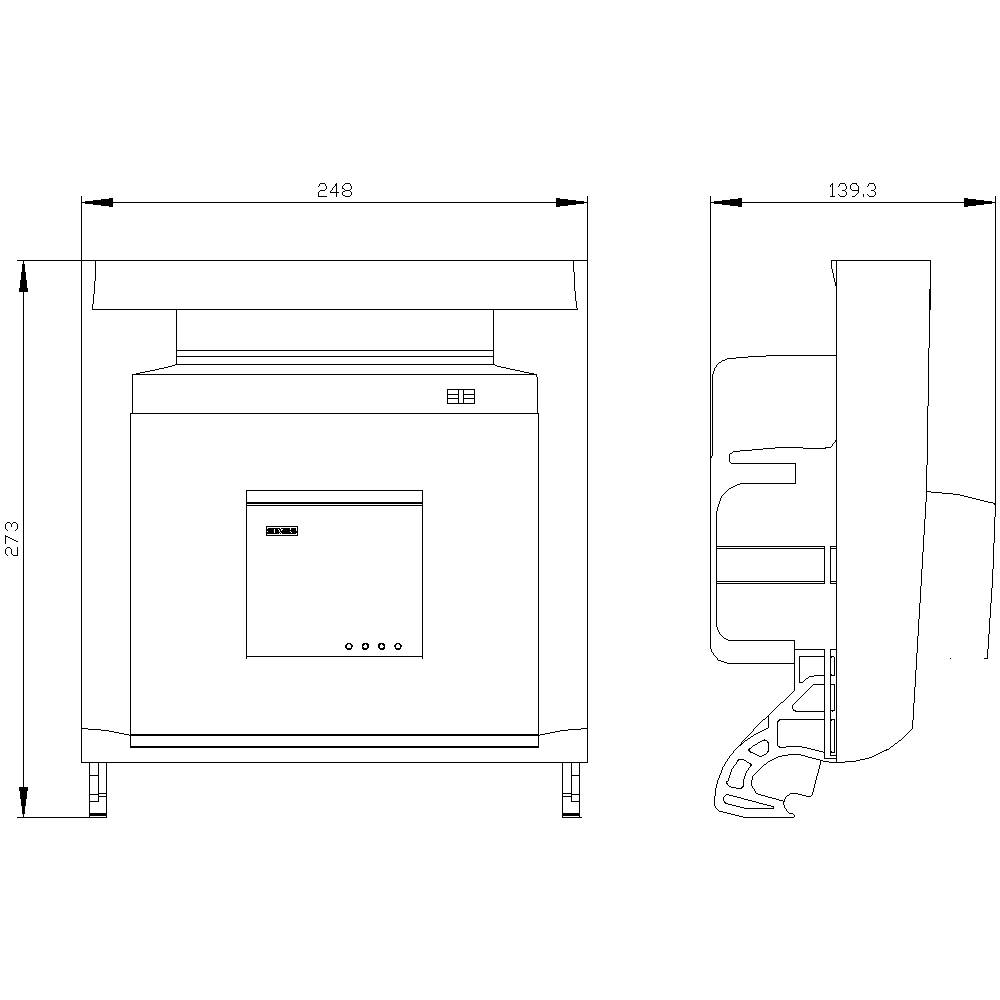 Technische Zeichnung eines großen Druckers mit Maßen: Breite 248 cm, Tiefe 139,3 cm, Höhe 273 cm. Vorder- und Seitenansicht.