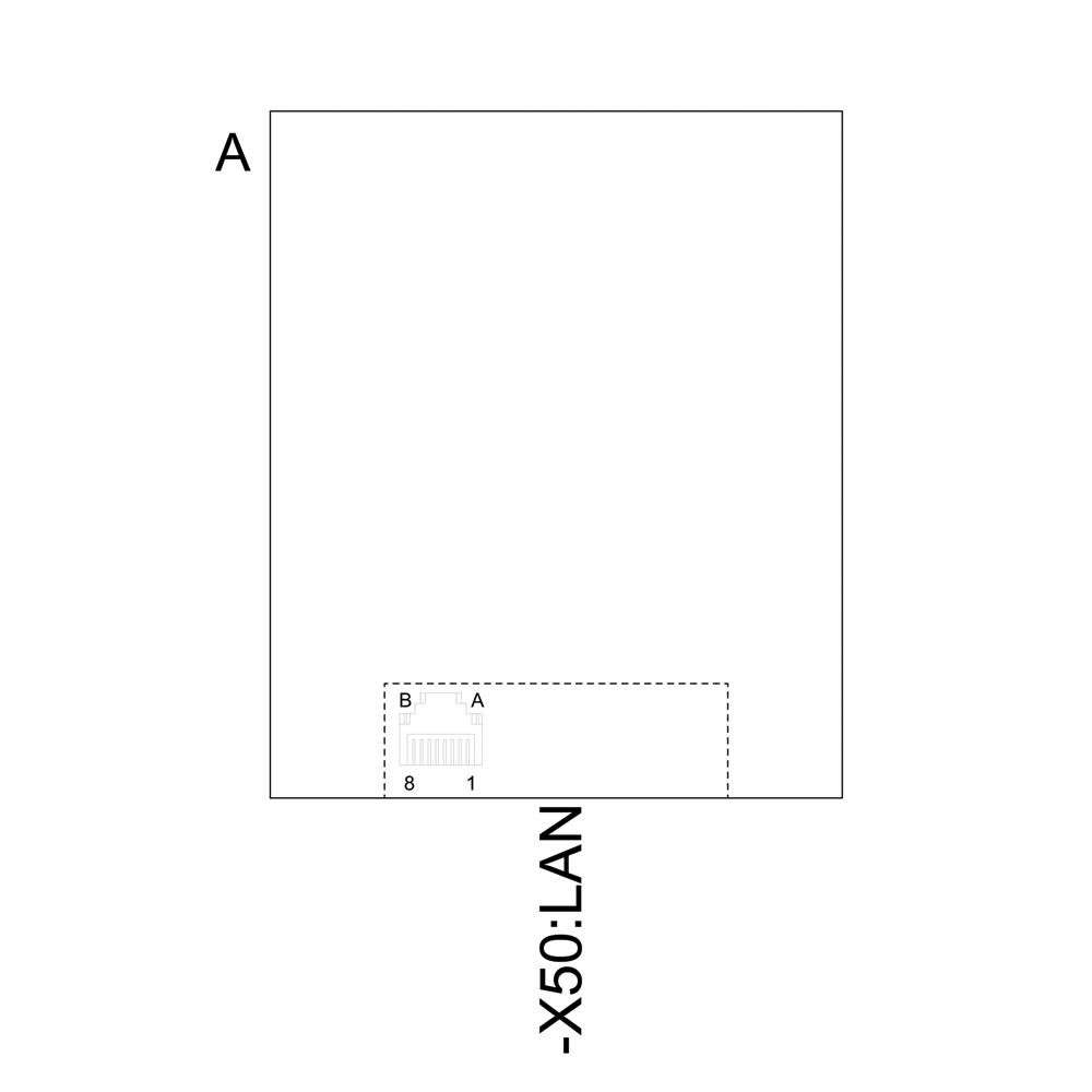 Der Plan zeigt eine schematische Darstellung eines Bereichs mit einem markierten Punkt -X50.LAN. Oben links ist der Punkt A, unten B.