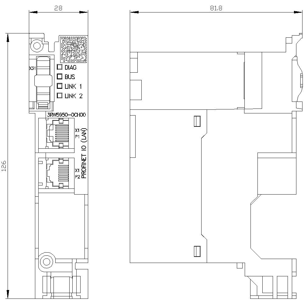 Technische Zeichnung eines elektronischen Geräts mit spezifischen Abmessungen: Breite 28 mm, Höhe 126 mm, Tiefe 81,8 mm.