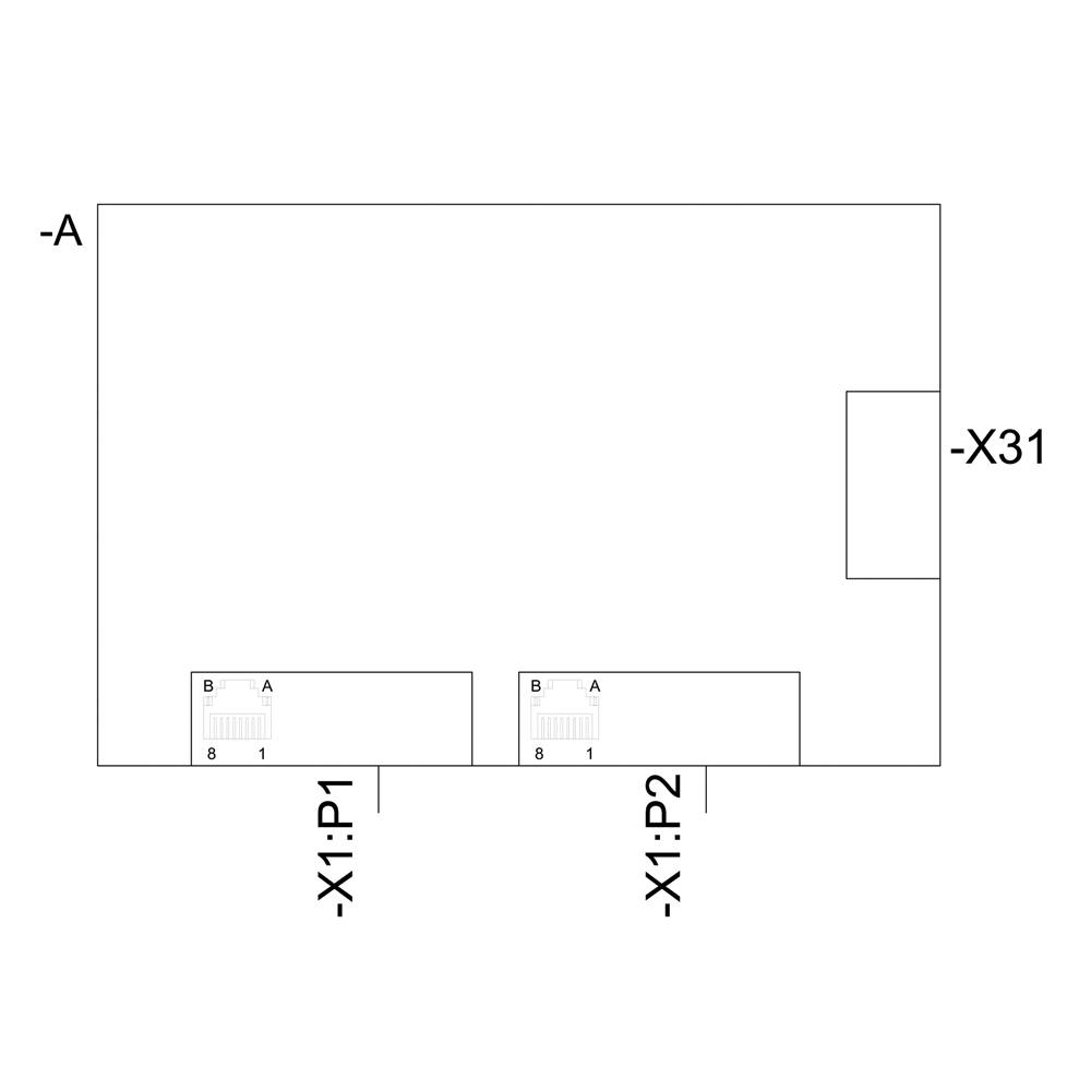 Schaltplan mit zwei Kontaktorsymbolen beschriftet als '-X1:P1' und '-X1:P2', Anschluss '-X31' und Leitung '-A'.