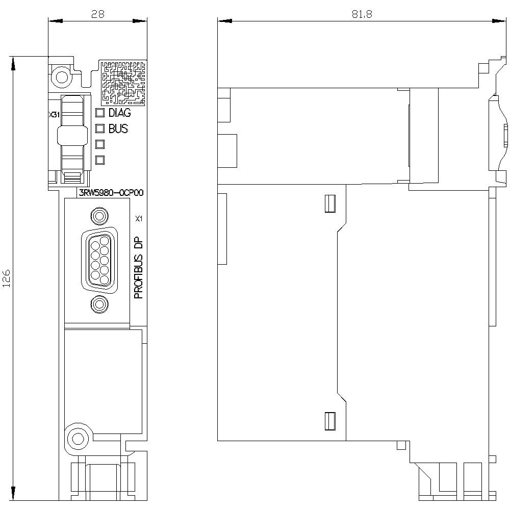 Zeichnung eines modularen Bauteils mit Maßen 126 x 81,8 mm. Zeigt einen Anschluss und die Beschriftung '3RW5980-0CP00', 'PROFIBUS DP'.