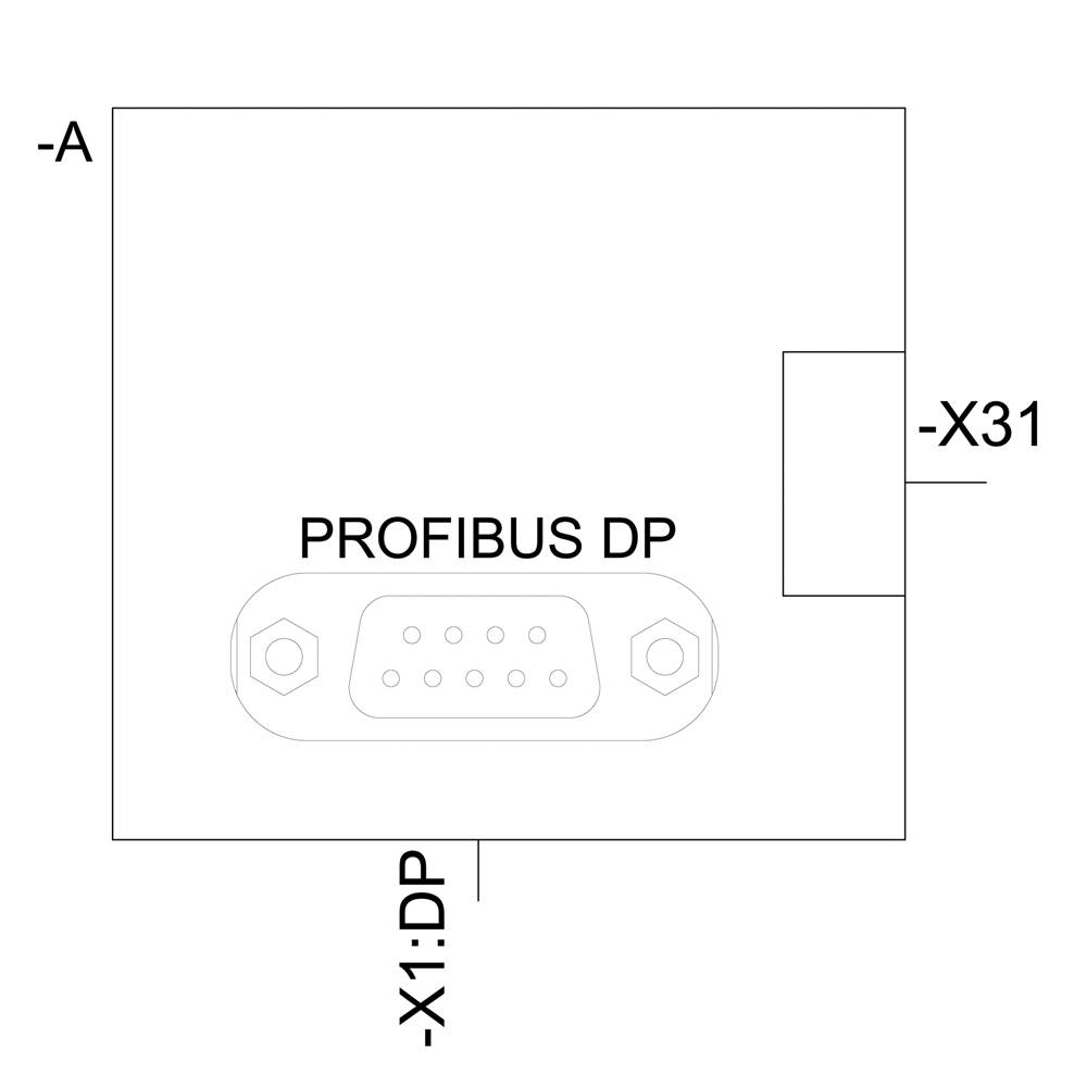 Steckverbinder 'PROFIBUS DP' in der Mitte einer rechteckigen Schaltfläche. Links oben '-A', rechts '-X31', unten '-X1:DP'.