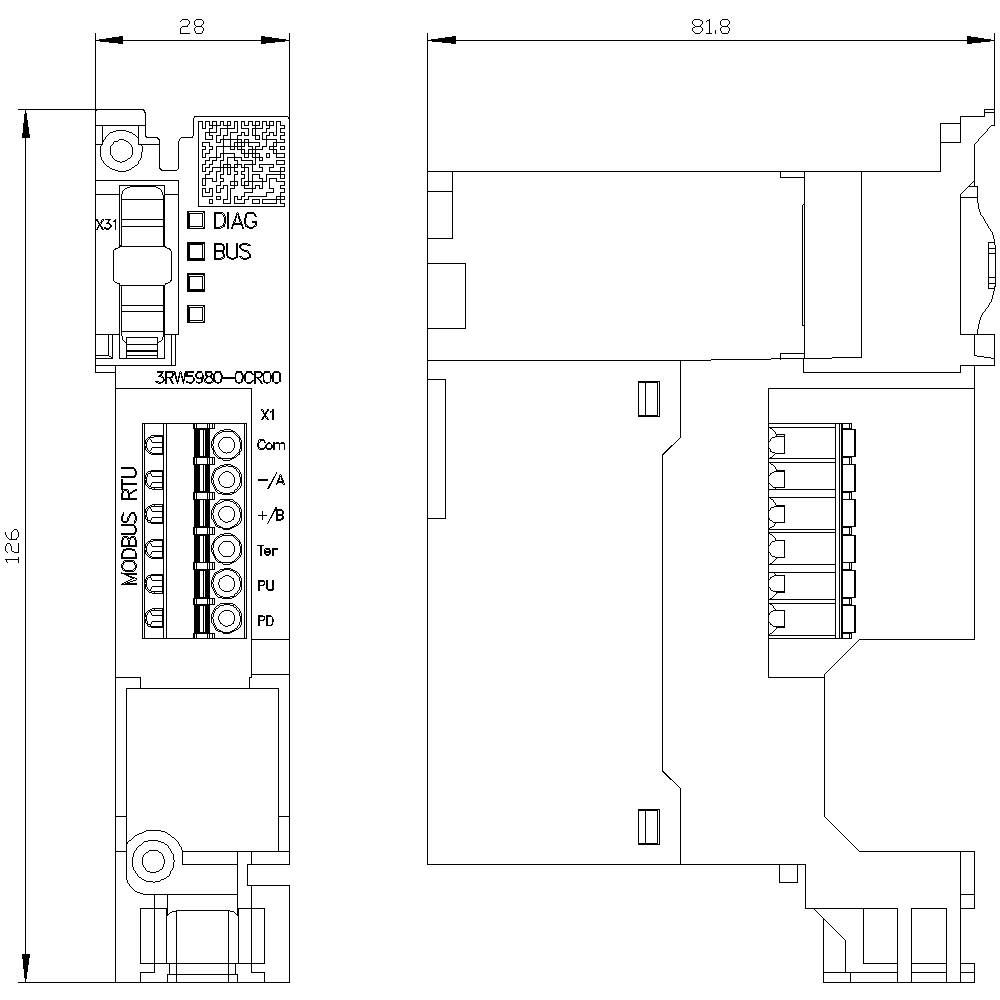 Technische Zeichnung eines elektronischen Moduls mit Anschlussklemmen, Bezeichnungen für DIAG, BUS, ModBus RTU und Maße in Millimetern.