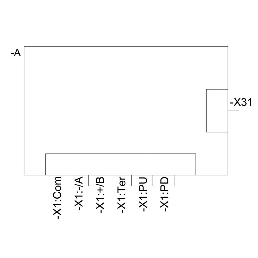 Ein einfaches Blockklemmen-Layout zeigt mehrere Anschlusspunkte: -A, -X1:Com, -X1:+/-, -X1:Ter, -X1:PU, -X1:PD, -X31.