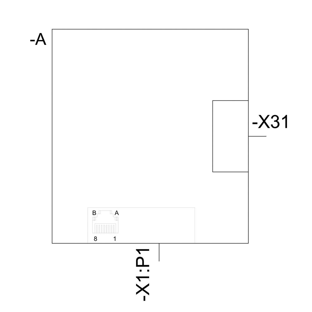 Schaltplan mit drei markierten Anschlusspunkten: '-A', '-X1:P1', und '-X31'. Quadrat mit kleinerem Rechteck innerhalb. Diagramm zur technischen Illustration.