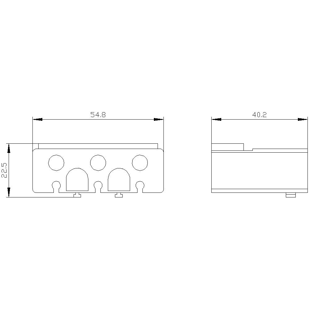 Technische Zeichnung eines rechteckigen Bauteils mit drei Löchern und Bemaßungen: Breite 54,8 mm, Höhe 22,5 mm, Tiefe 40,2 mm.