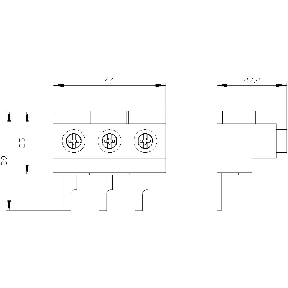 Technische Zeichnung eines Steckverbinders mit drei Kontakten. Maße sind 44x27,2x39 mm. Ansicht von vorne und Seite zeigt Schraubanschlüsse.