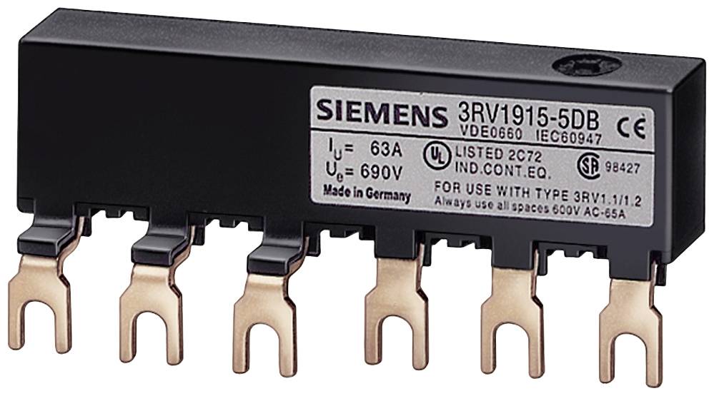 Ein schwarzer Siemens-Leistungsschalter-Modul mit sechs Kupferanschlüssen, gekennzeichnet mit '3RV1915-5DB'.