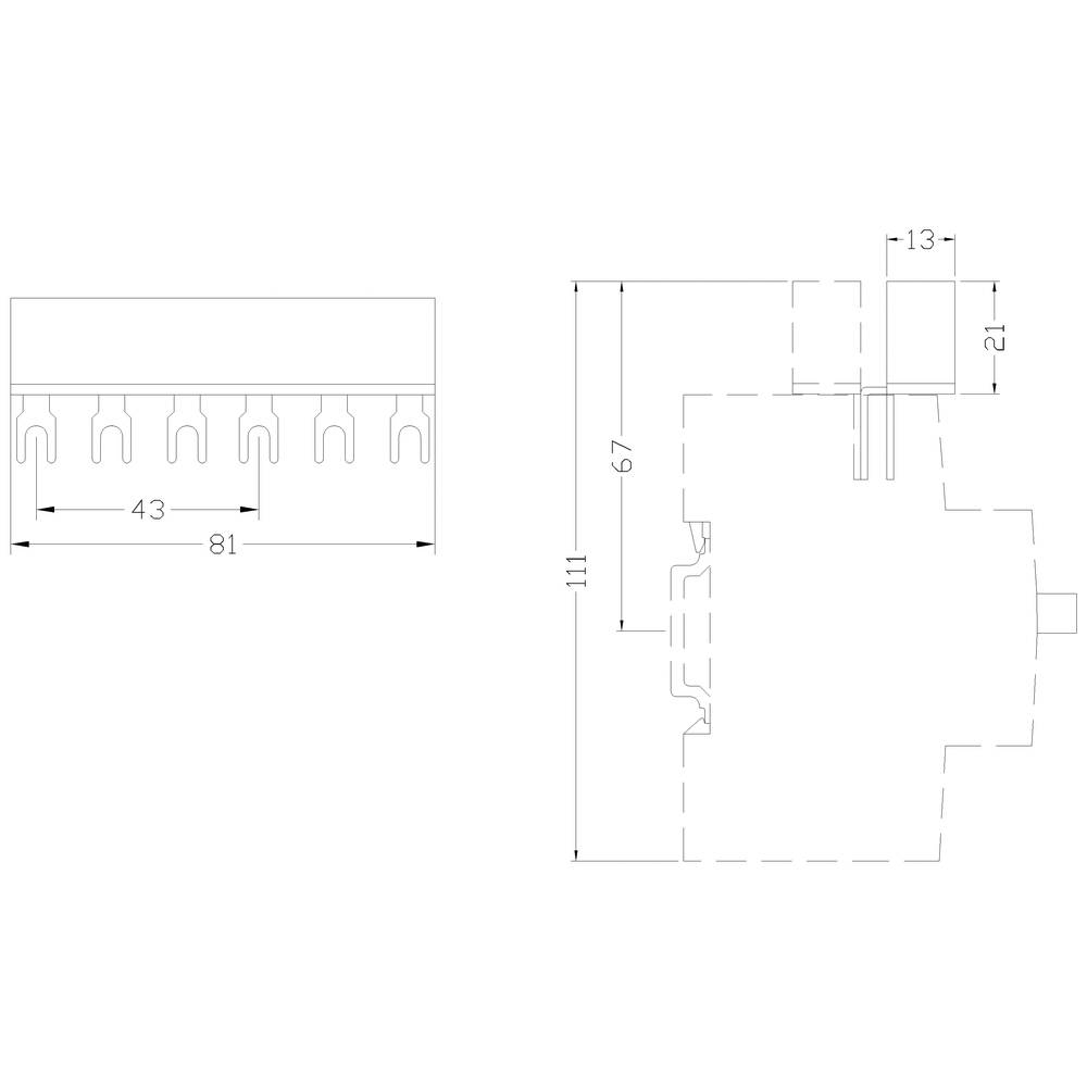 Technische Zeichnung eines elektrischen Bauteils mit Abmessungen: 43 mm, 81 mm, 67 mm, 111 mm und 13 mm. Schnittansicht und Seitenansicht.