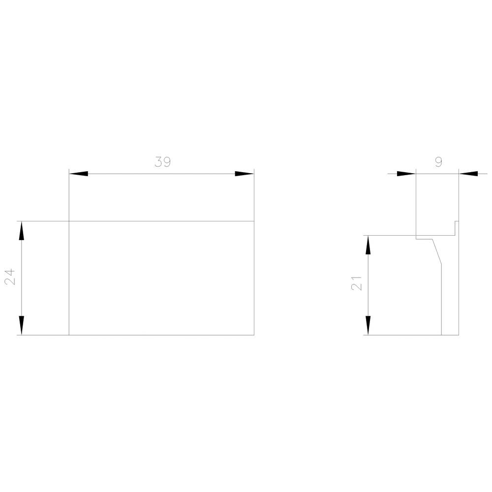 Technische Zeichnung von zwei rechteckigen Formen mit Abmessungen: 39 Breite und 24 Höhe für die linke Form; 9 Breite und 21 Höhe für die rechte Form.