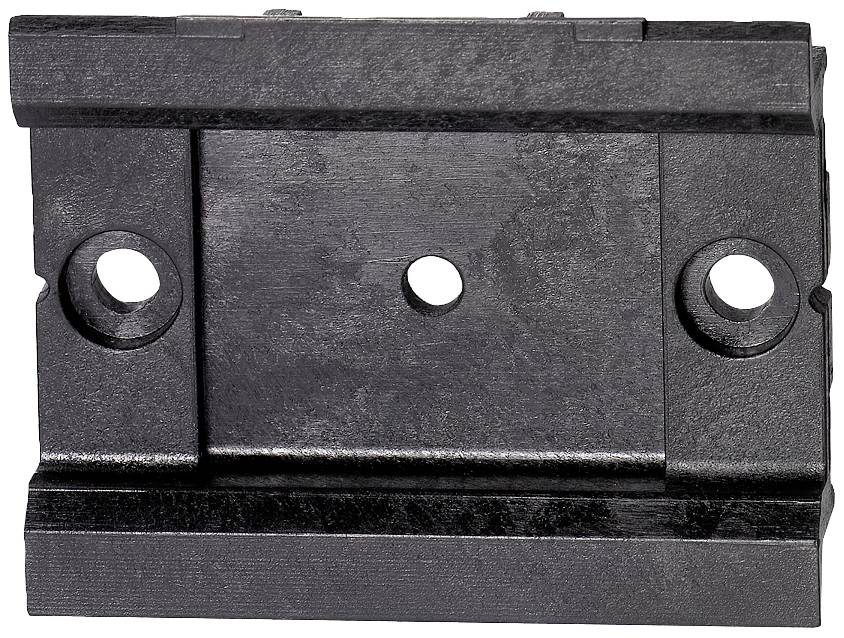 Schwarze, rechteckige Metallhalterung mit drei Löchern in einer festen Anordnung, normalerweise für Montagematerialien verwendet.