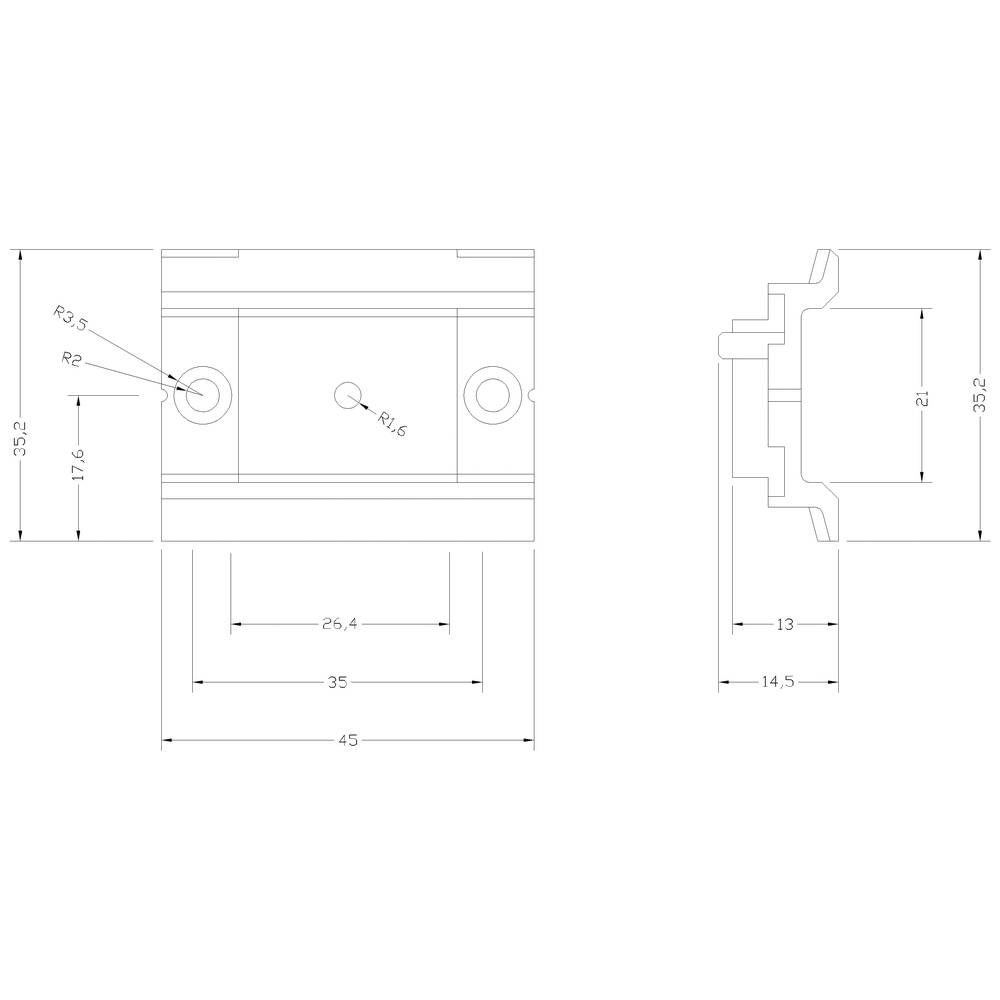Technische Zeichnung eines Bauteils mit Maßen in Millimetern. Zeigt Vorderansicht und Seitenansicht mit mehreren Maßlinien.
